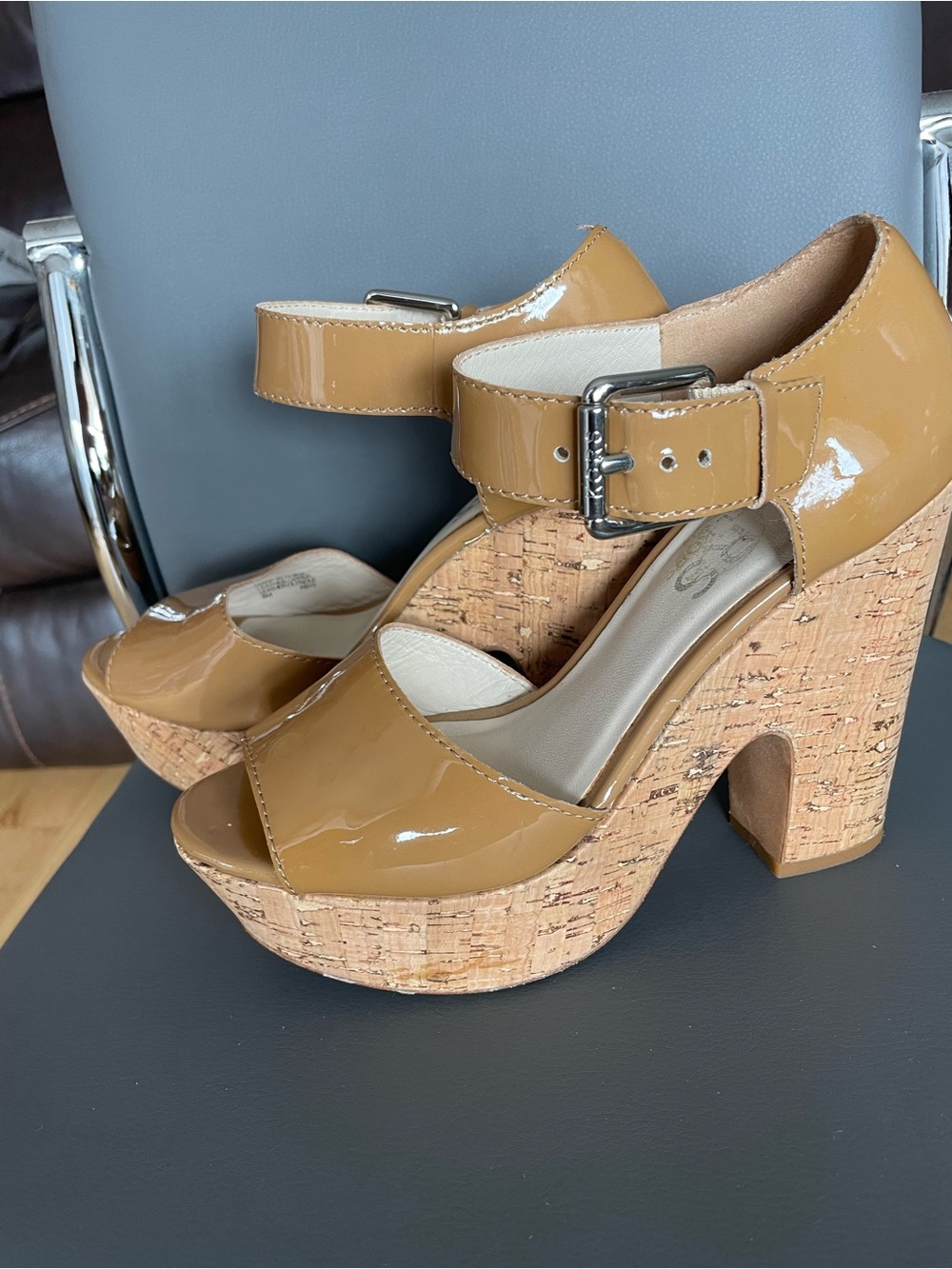 Michael Kors Glossy Tan Patent Cork Platform Sandals